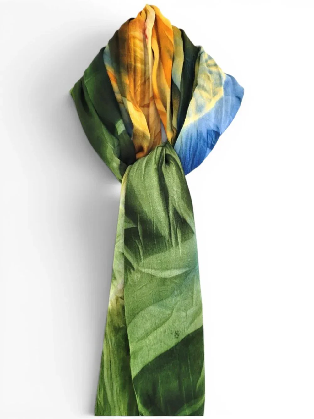 Tie Dyed Fringed Sarong Shawl - Beach Ready in Unique Blue, Green, Gold Pattern